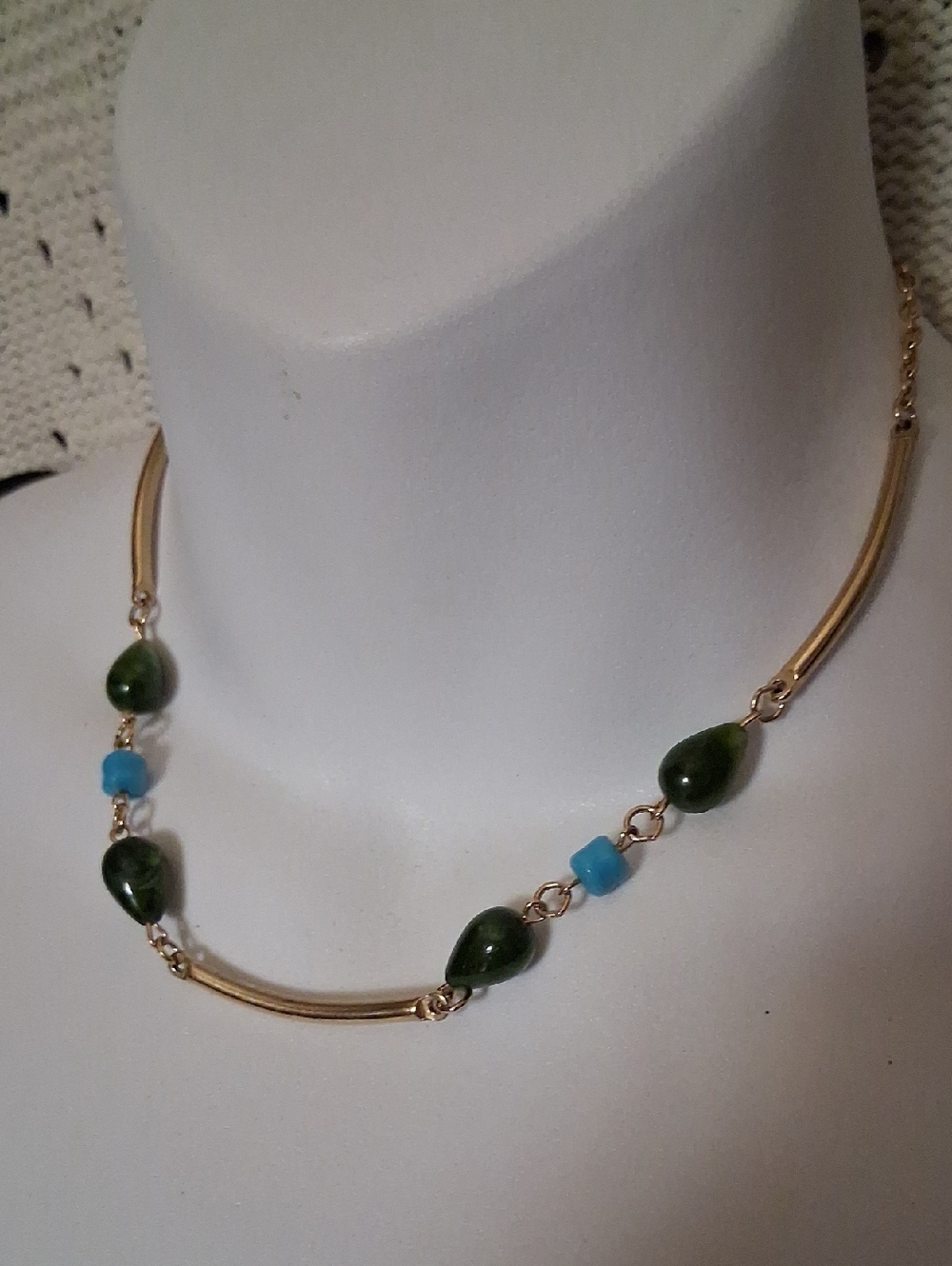 Sarah Coventry Gold-Bar Necklace with Green Teardrop Stones and Turquoise Beads